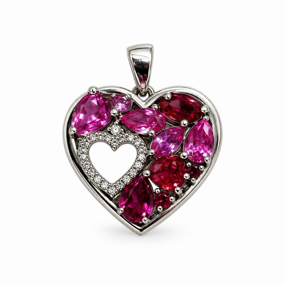JWBR 925 Sterling Silver Pink Red White Topaz Stone Heart Pendant